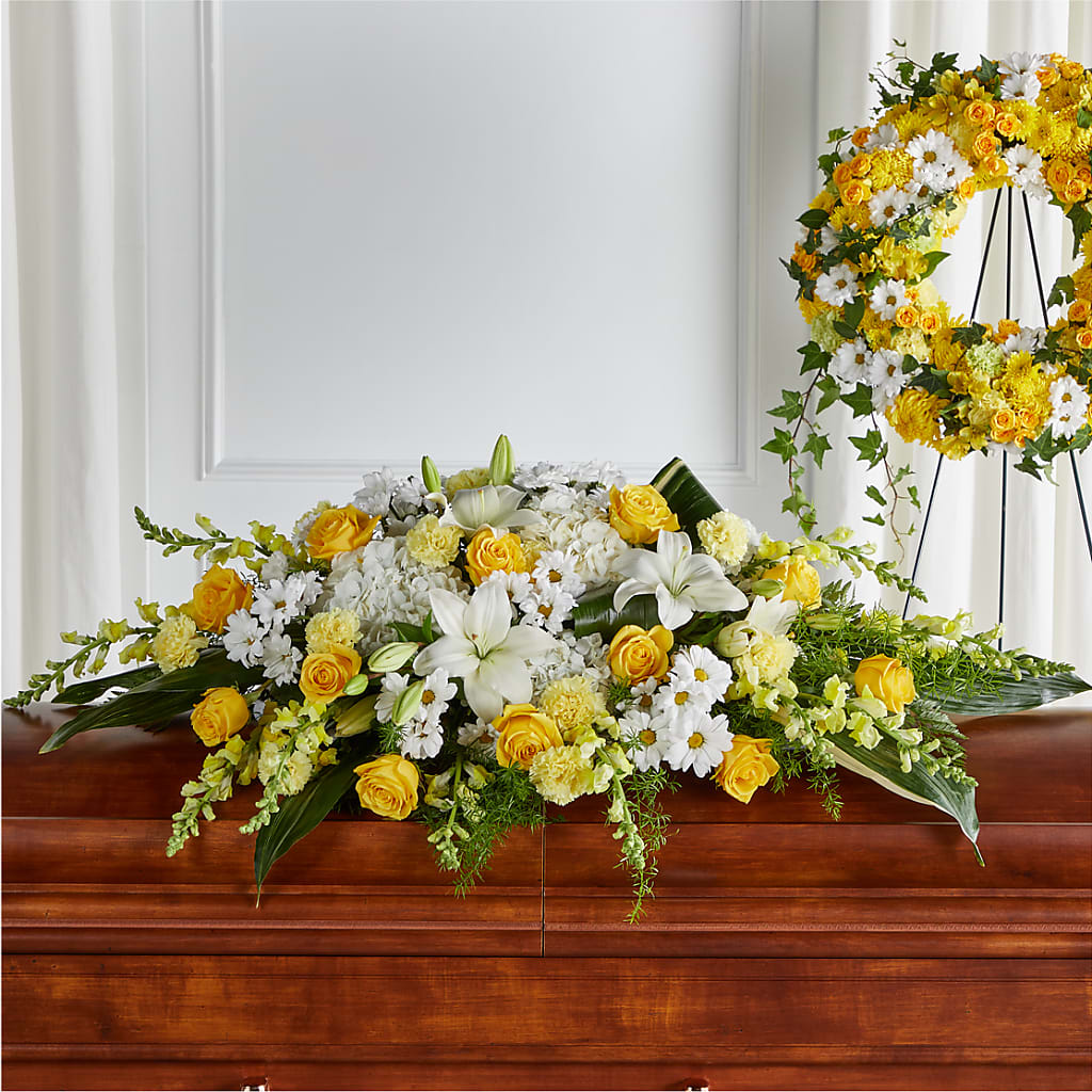Golden Harmony Casket Spray – Your Thoughts Floral, El Paso TX