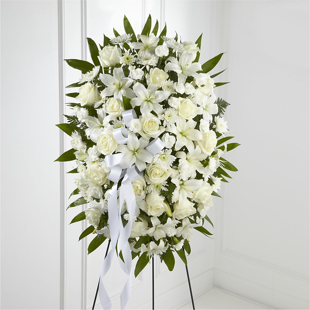 Exquisite Tribute Standing Spray-White Ribbon – Your Thoughts Floral, El Paso TX