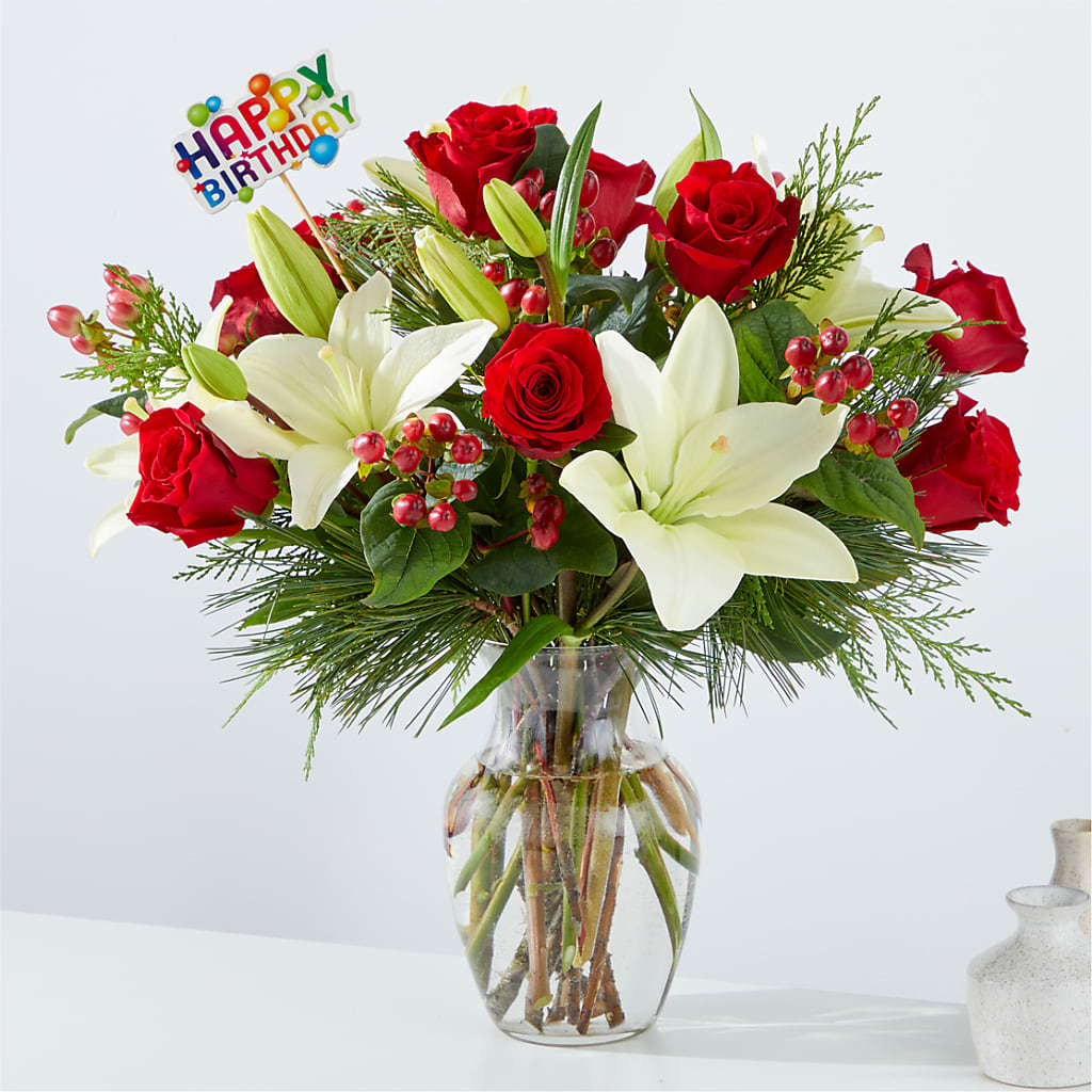 Evergreen Delight Bouquet & Happy Birthday Topper – Your Thoughts Floral, El Paso TX